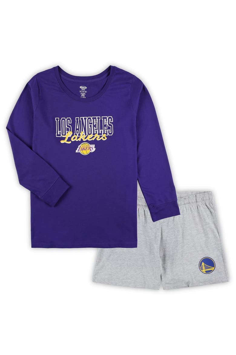 Women's Concepts Sport Purple/Heather Gray Los Angeles Lakers Plus Size Long Sleeve T-Shirt and Shorts Sleep Set, Main, color, Purple