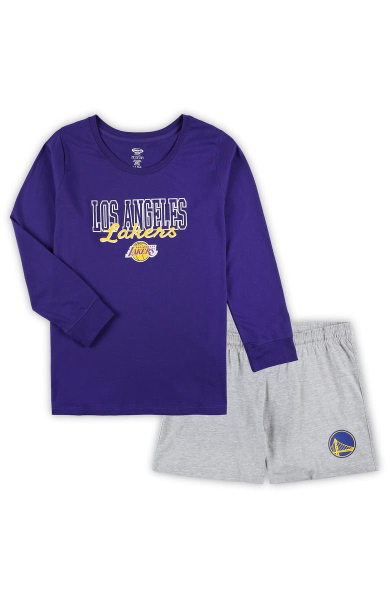 CONCEPTS SPORT Women's Concepts Sport Purple/Heather Gray Los Angeles Lakers Plus Size Long Sleeve T-Shirt and Shorts Sleep Set, Main, color, Purple