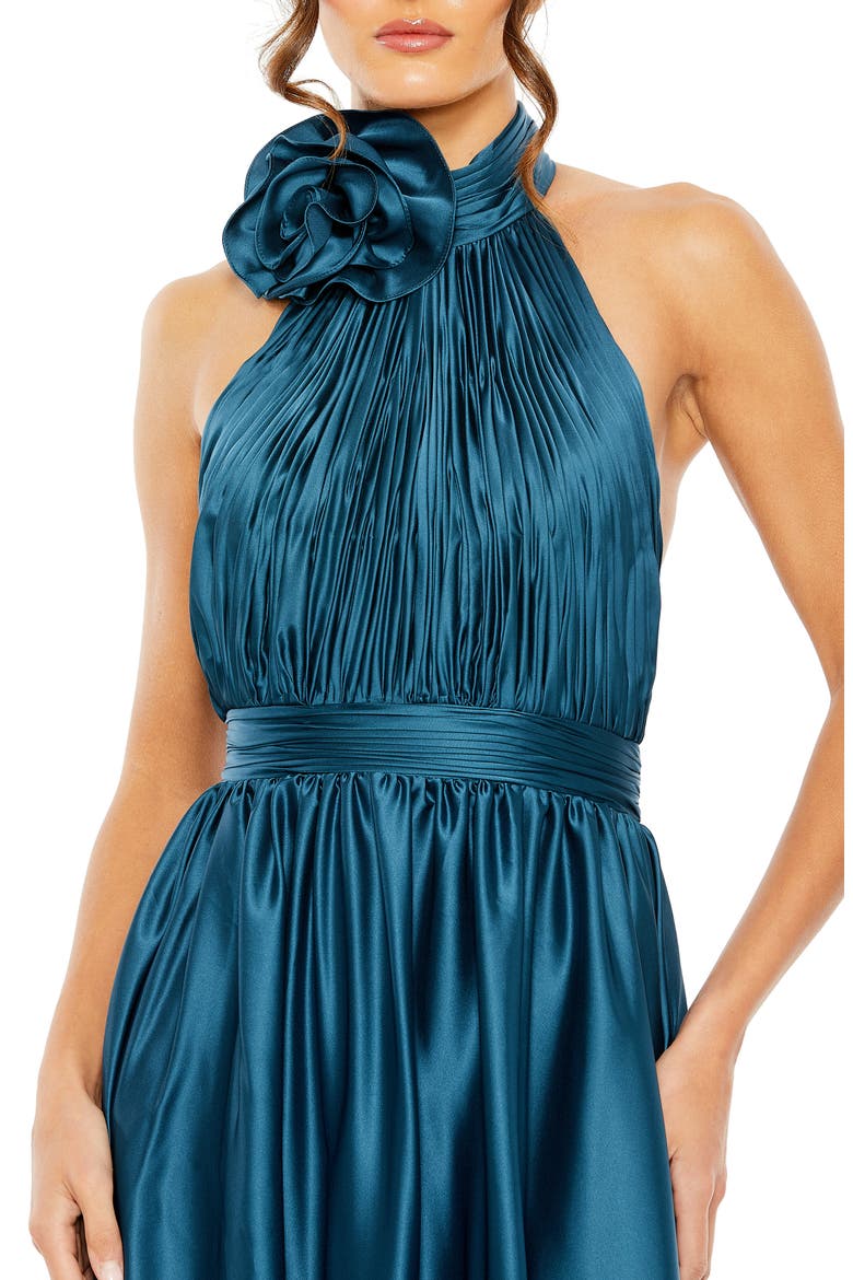 Pleated Charmeuse High Neck Sleeveless Midi Dress, Alternate, color, OCEAN