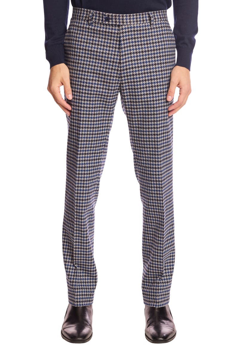 Downing Slim Fit Flat Front Houndstooth Dress Pants, Main, color, BLUE BLACK HOUNDSTOOTH