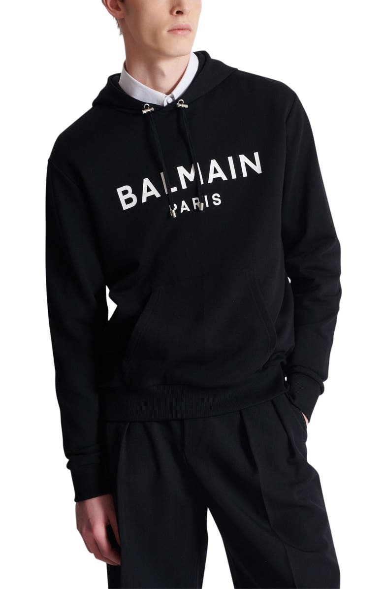 Balmain Printed cotton hoodie, Alternate, color, Black