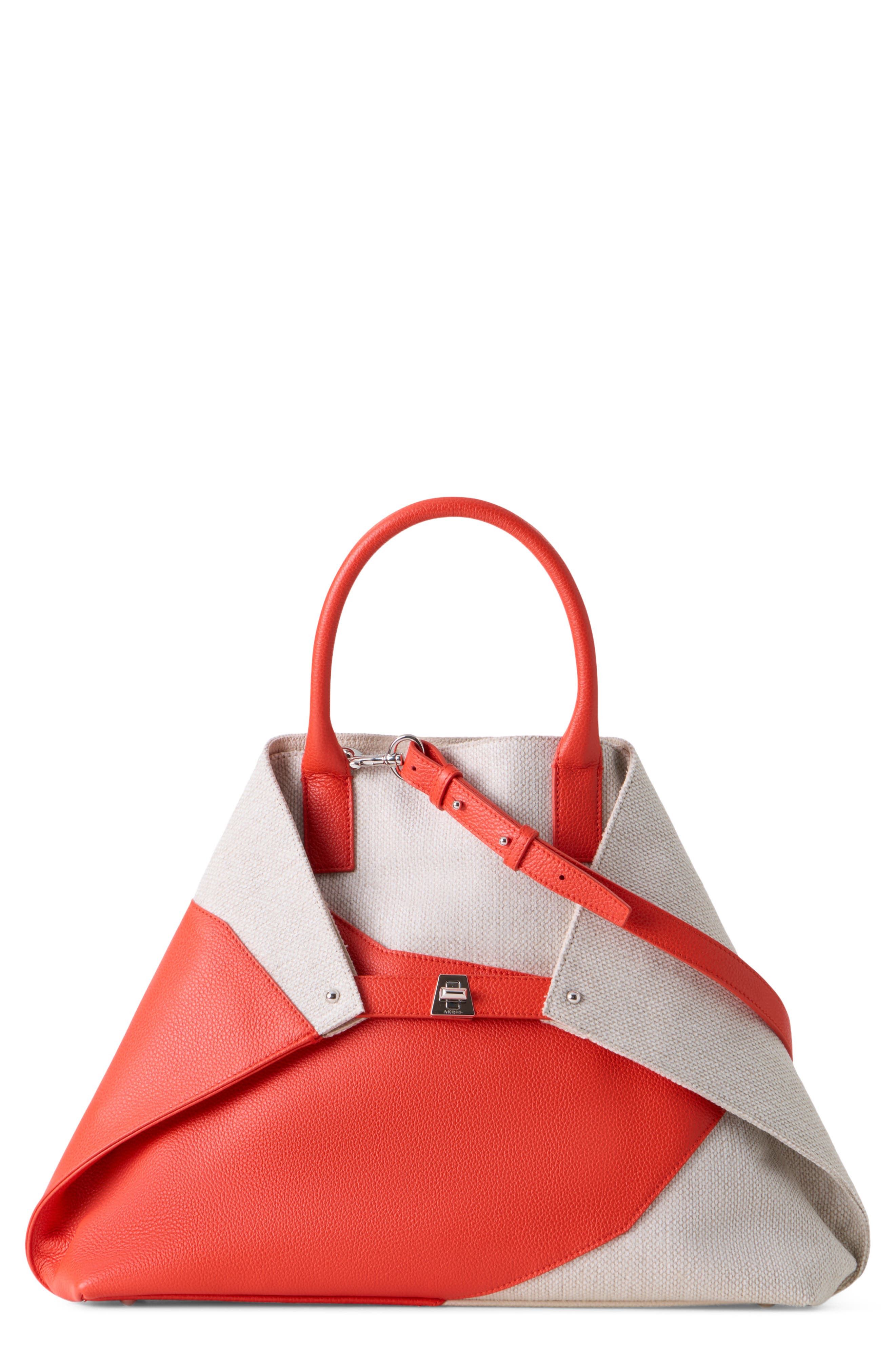 Akris Medium AI Canvas & Leather Convertible Shoulder Tote, Main, color, Orange/Ivory