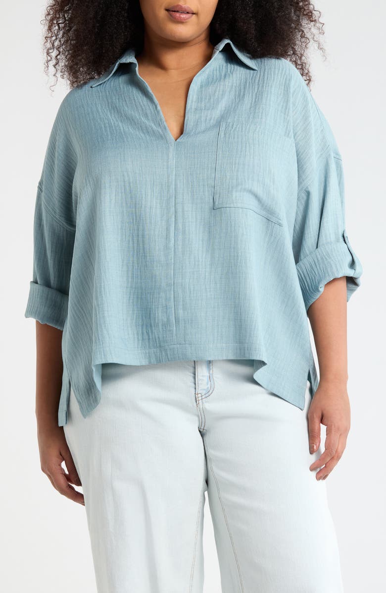 MAX STUDIO Roll Tab Sleeve Popover Top, Main, color, Heather Mineral