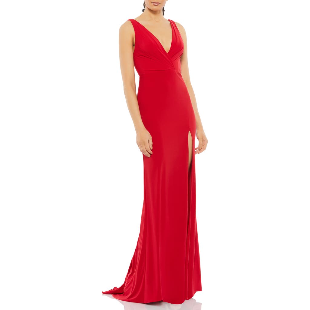 Mac Duggal V-neck Sleeveless Thigh-slit Jersey Gown In Red