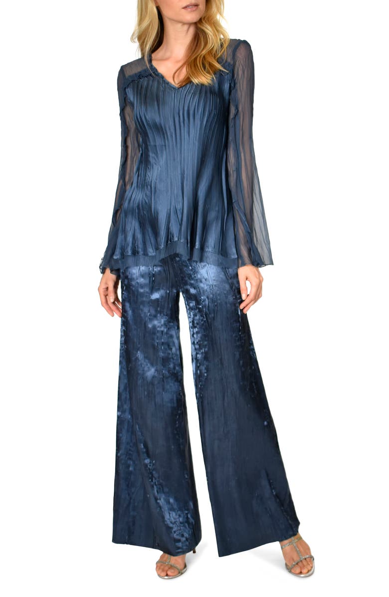 Komarov Two-Piece Charmeuse & Chiffon Tiered Long Sleeve Tunic & Pants Set, Main, color,