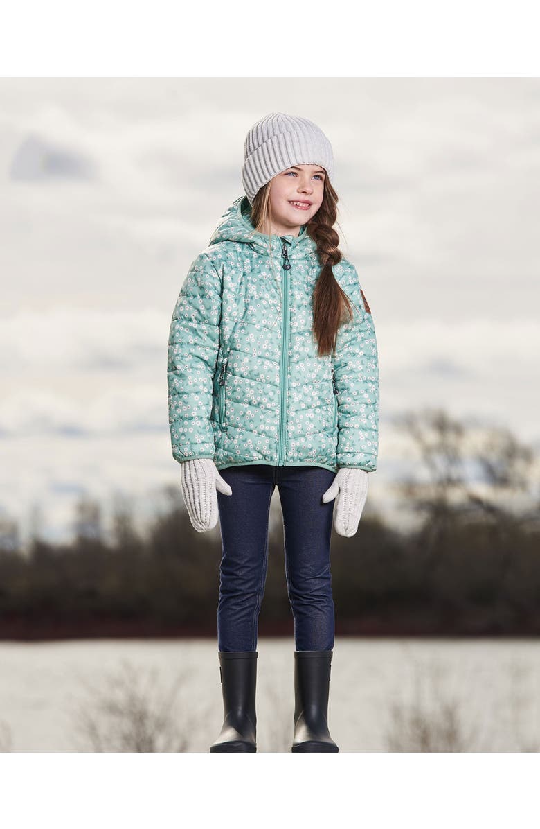Deux par Deux Little Girl's Printed Quilted Mid-Season Jacket Small White Flowers On Sage Green Background, Alternate, color,