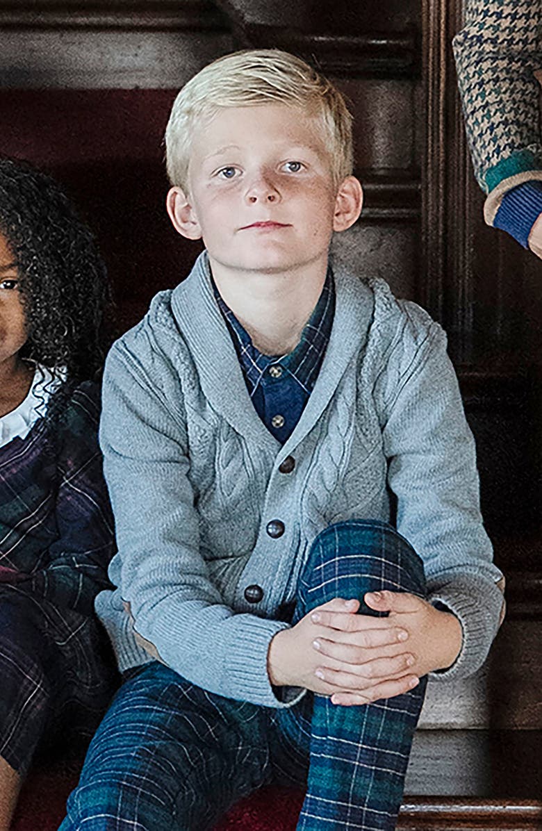 Hope & Henry Organic Shawl Collar Cable Sweater Cardigan, Alternate, color, Dark Gray Heather