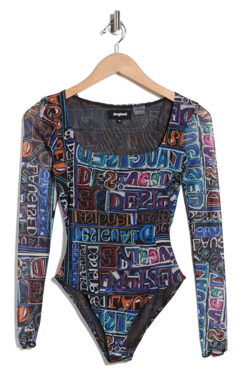 Desigual Logo Print Long Sleeve Mesh Bodysuit, Alternate, color, Black