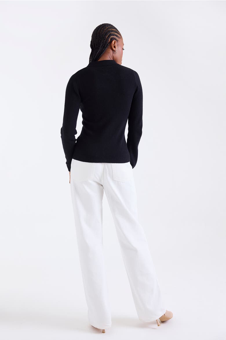 Amaya Button 100% Cashmere Polo Top, Alternate, color, BLACK