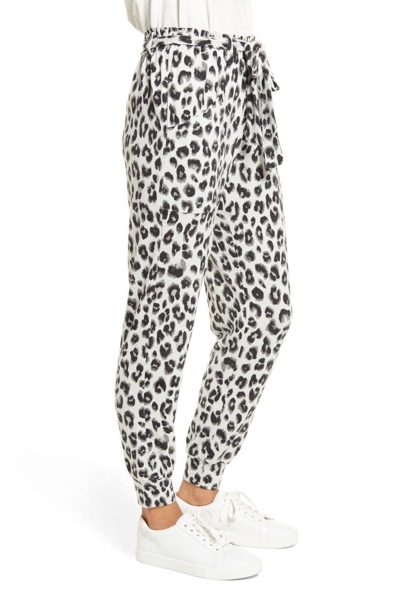 Cozy Fleece Belted Joggers, Alternate, color, IVORY BLACK SNOW LEOPARD PRINT