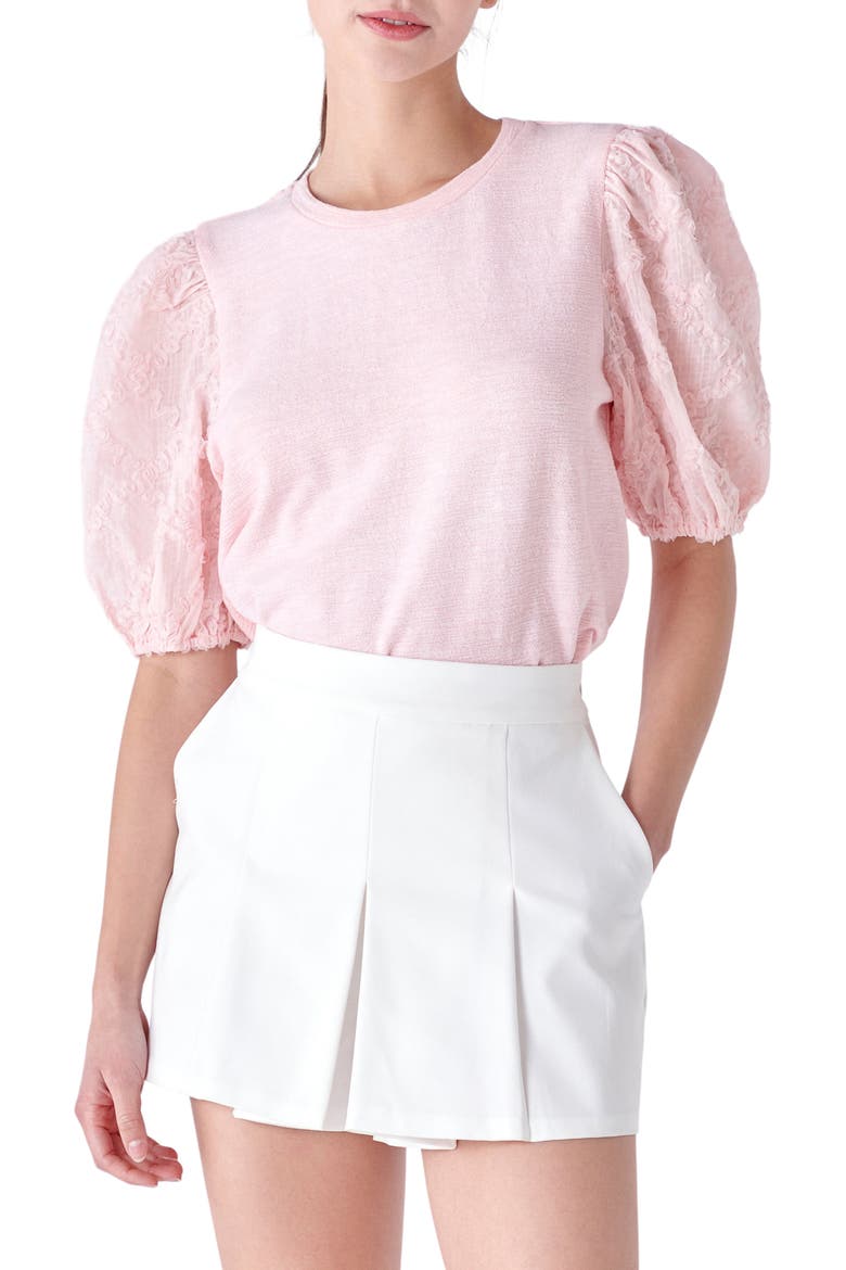 Mixed Media Puff Sleeve Top, Main, color, PINK