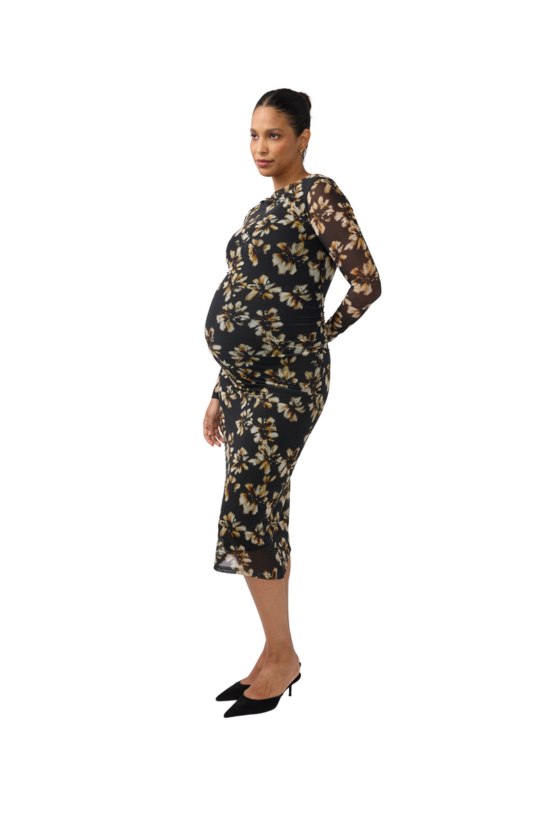 Long Sleeve Ruched Mesh Maternity Midi Dress, Main, color, Brown Bloom
