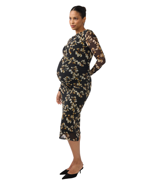 Long Sleeve Ruched Mesh Maternity Midi Dress