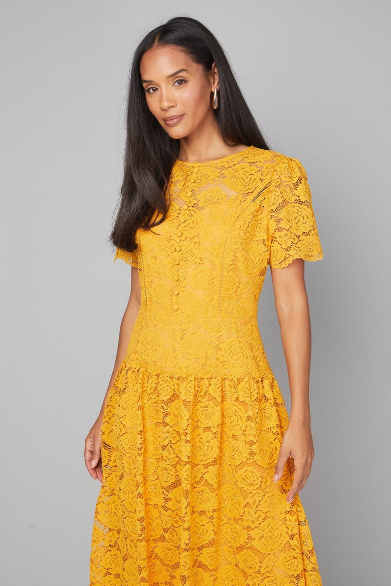 Lace Button Detail Drop Hem Midi Dress, Alternate, color, Mustard