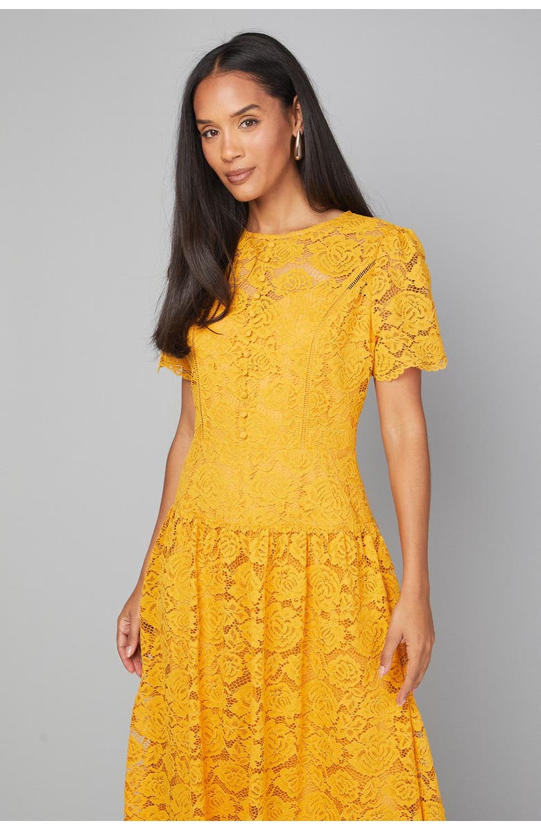 Wallis Lace Button Detail Drop Hem Midi Dress, Alternate, color, Mustard