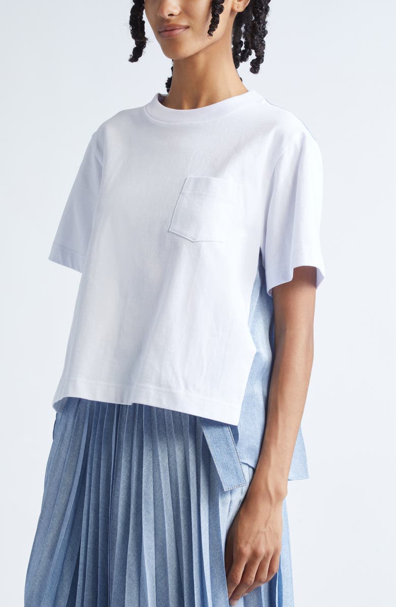 Sacai Mixed Media Jersey & Denim Pocket T-Shirt, Alternate, color, Off White/ Light Blue