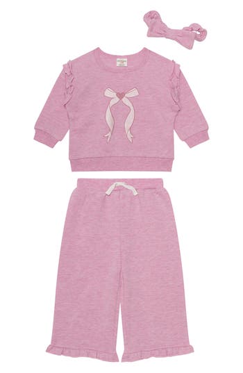 Pl Baby By Petit Lem Floral Ruffle Sweatshirt, Pants & Headband Set In Pink