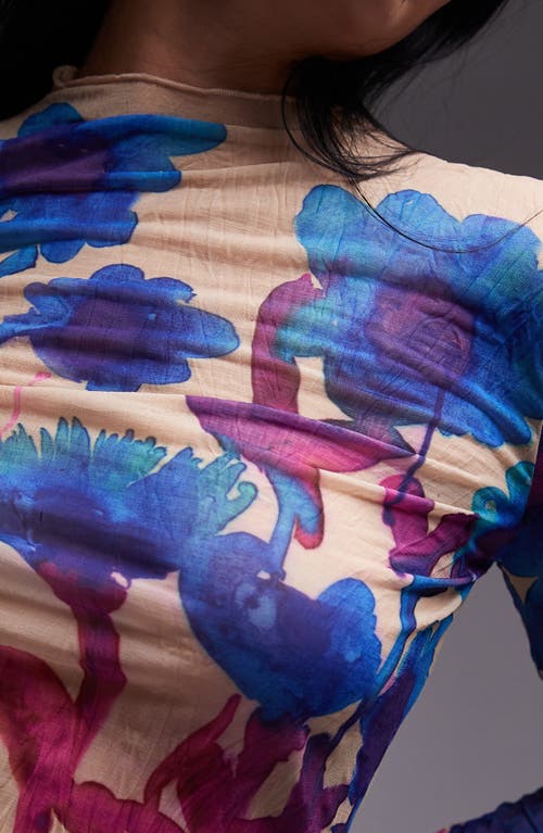 Shop Topshop Floral Print Funnel Neck Crinkle Top In Blue Multi