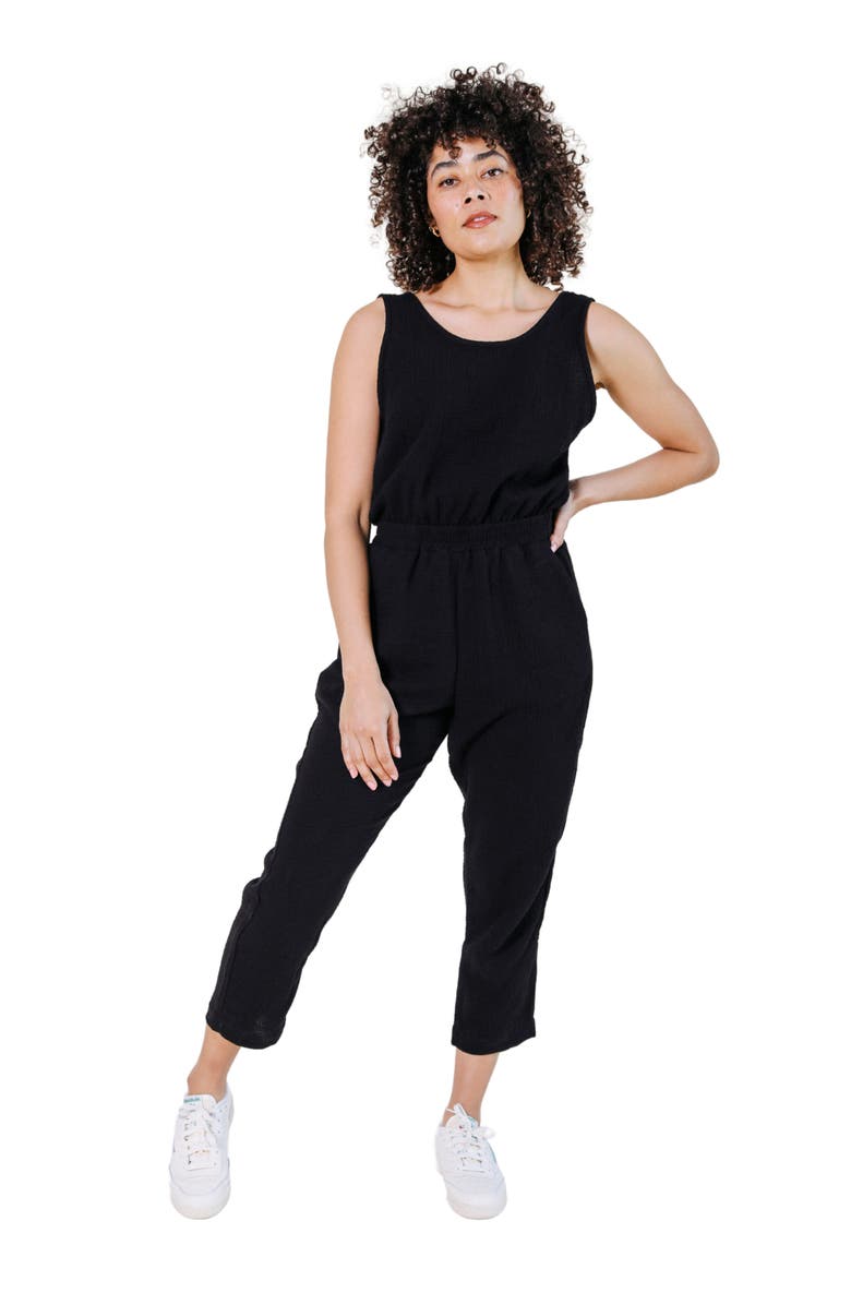 POPLINEN Jameela Organic Cotton Gauze Jumpsuit, Main, color, Black