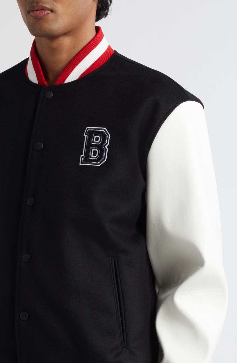 Balmain Logo Embellished Virgin Wool & Faux Leather Varsity Jacket, Alternate, color, Ebe Black/ White/ Red