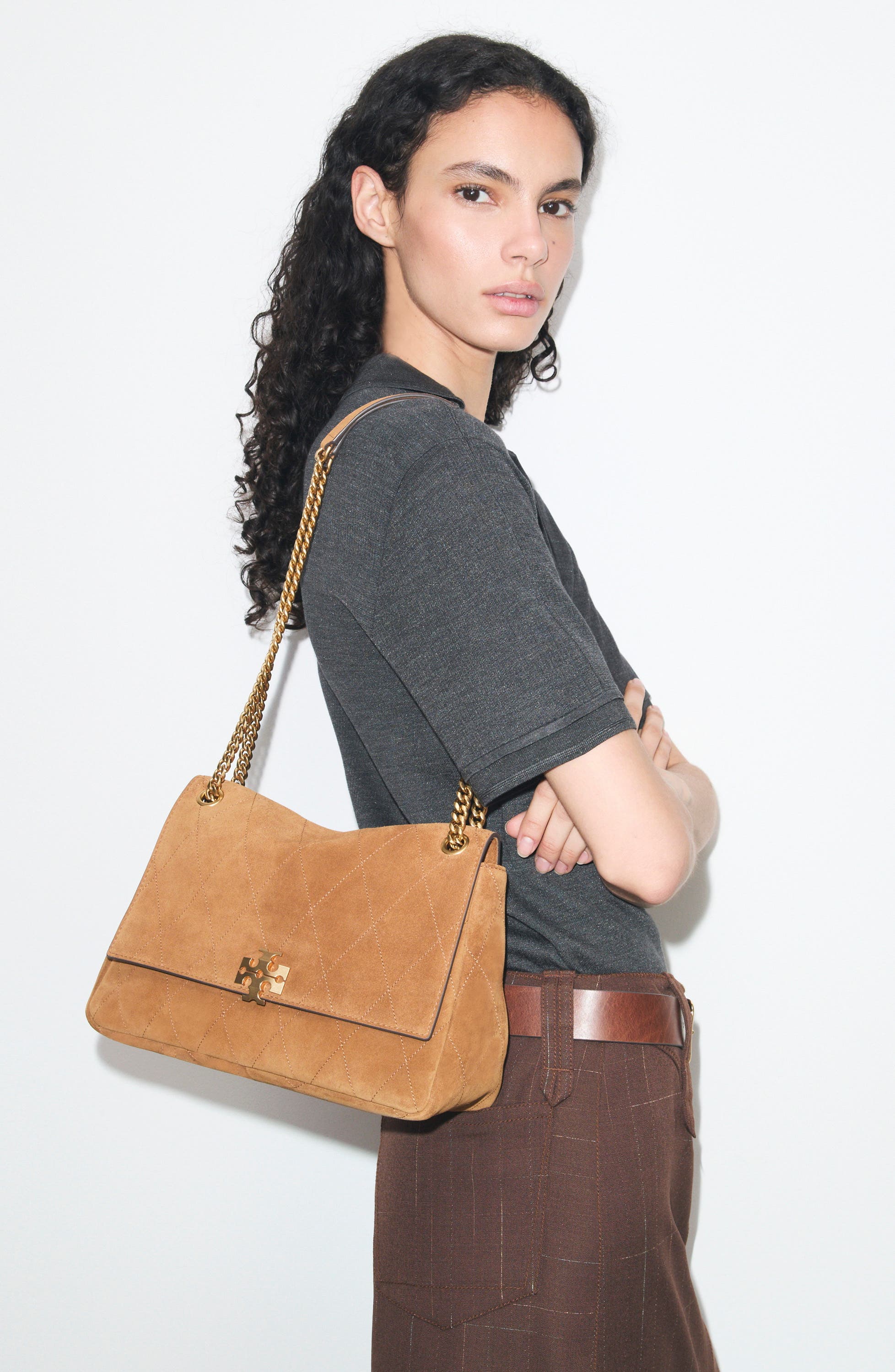 Charlie Quilted Suede Shoulder Bag, Alternate, color, CARAMEL
