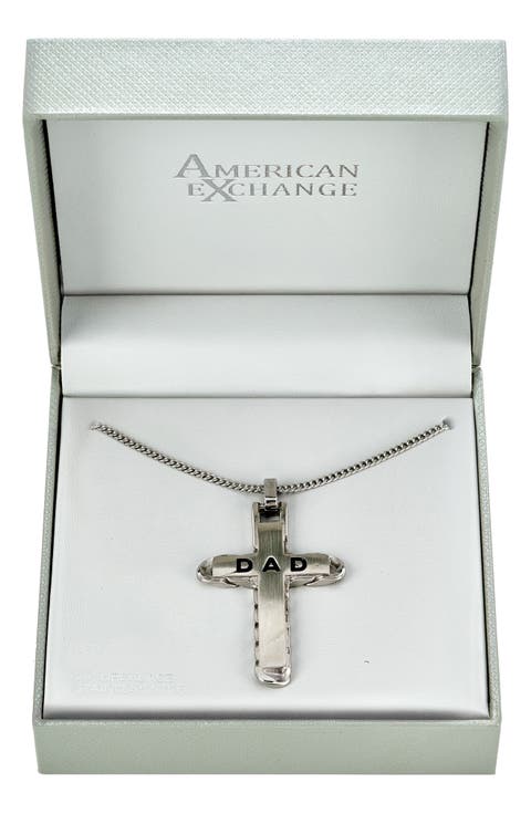 Men's Stainless Steel Dad Engraved Cross Pendant Necklace