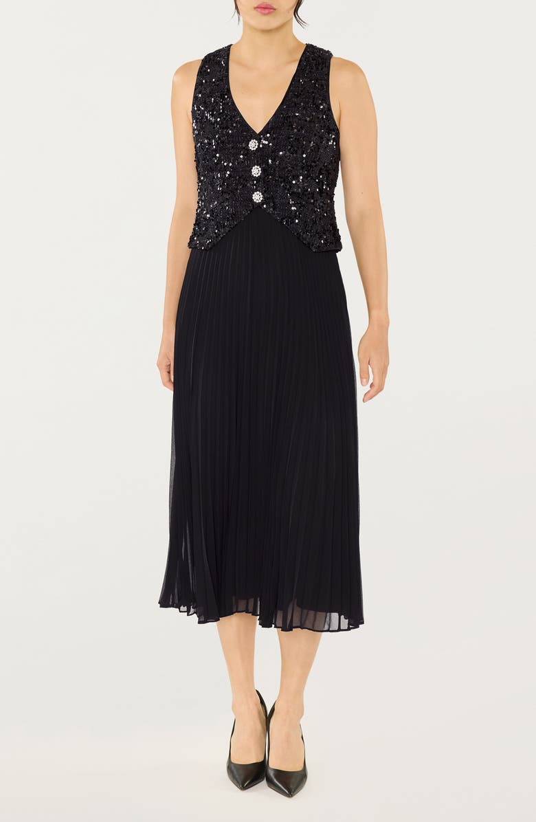 LIKELY Dorothea Sequin Pleated Sleeveless Midi Dress, Main, color, Black