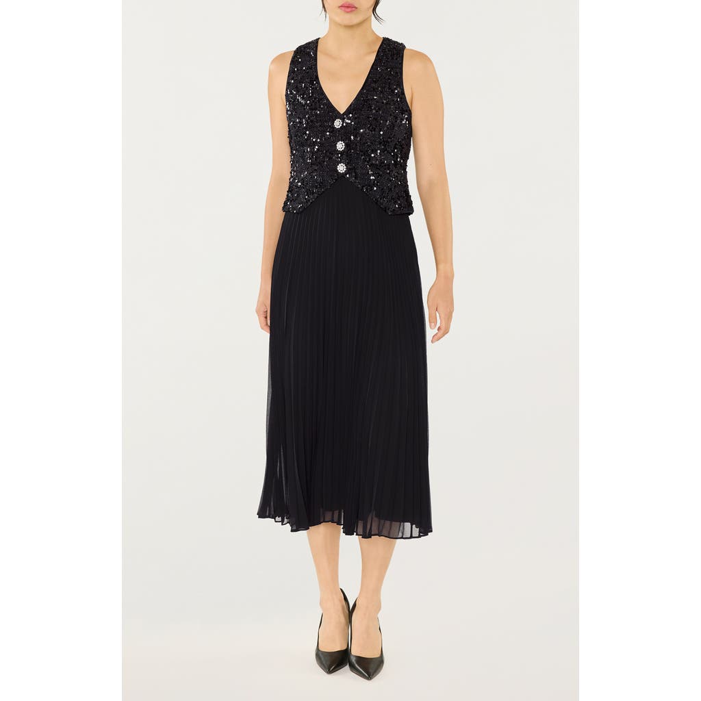 Likely Dorothea Sequin Pleated Sleeveless Midi Dress In Animal Print