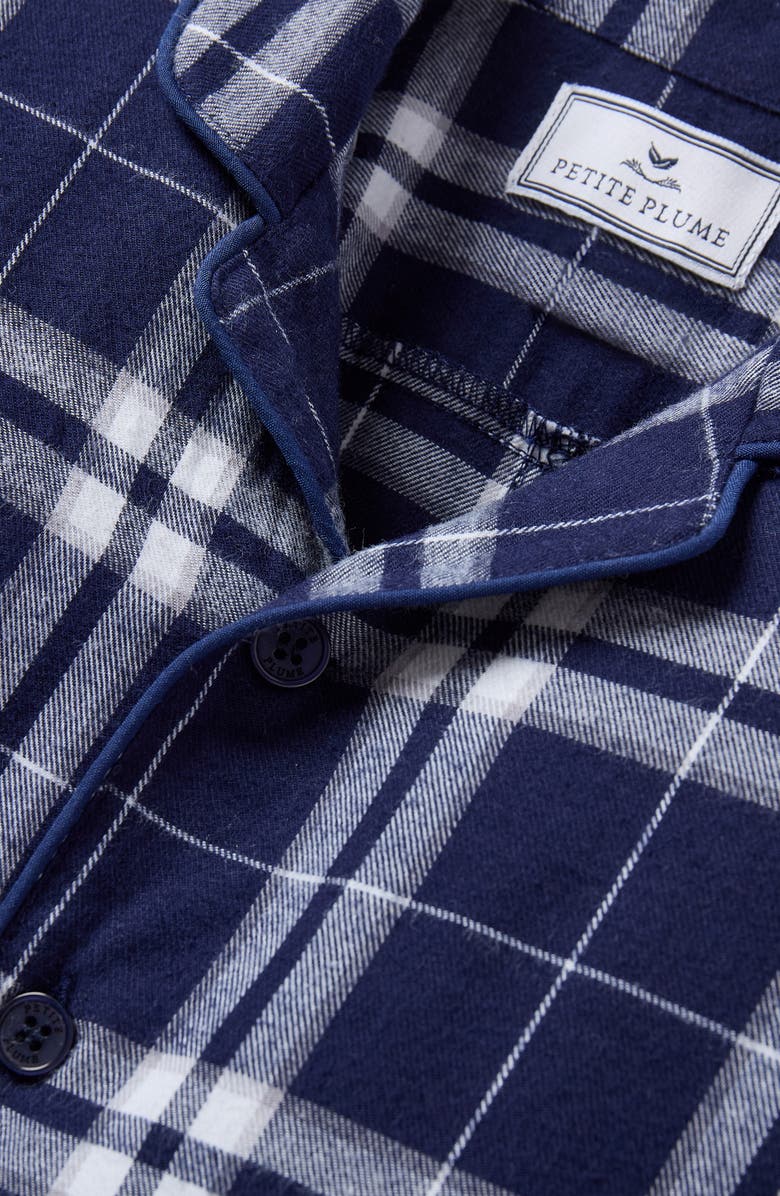 Petite Plume Oxford Tartan One-Piece Brushed Twill Pajamas, Alternate, color, Navy
