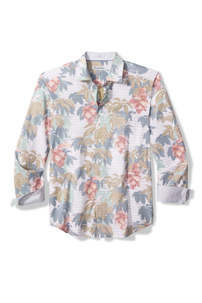 Falling Gardens Floral & Stripe Cotton & Silk Button-Up Shirt, Main, color, CORAL HAZE
