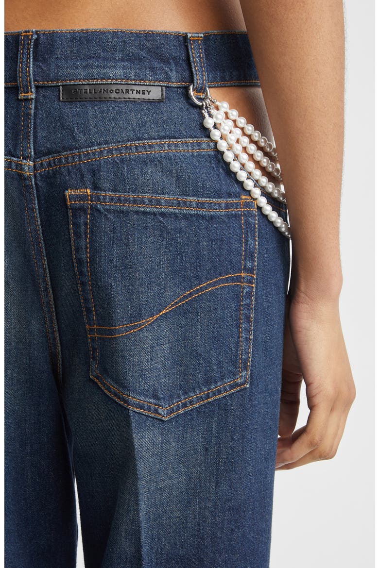 Faux Pearl Embellished Cutout Release Hem Straight Leg Jeans, Alternate, color, DARK BLUE