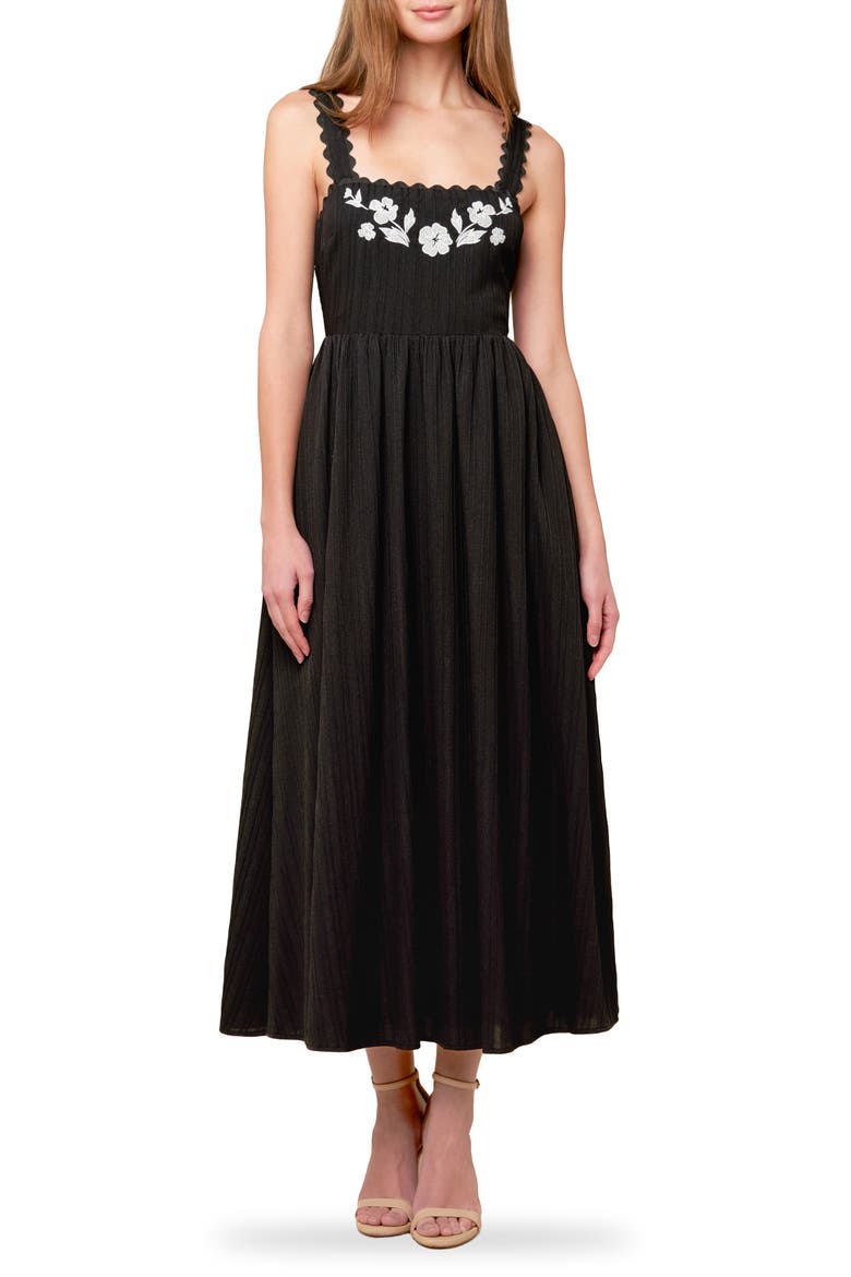 Embroidered Fit and Flare Midi Dress, Main, color, BLACK