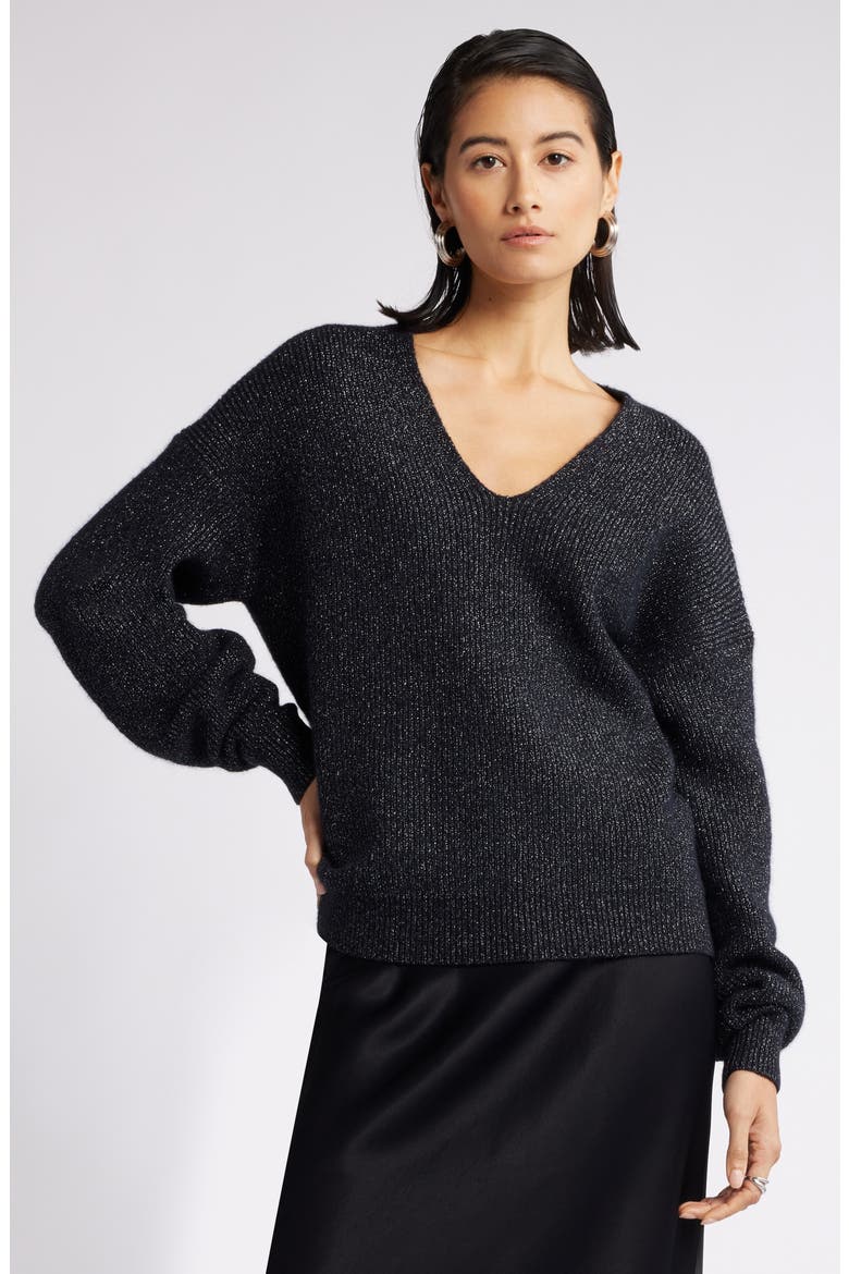 Metallic V-Neck Sweater, Main, color, BLACK- SILVER LUREX