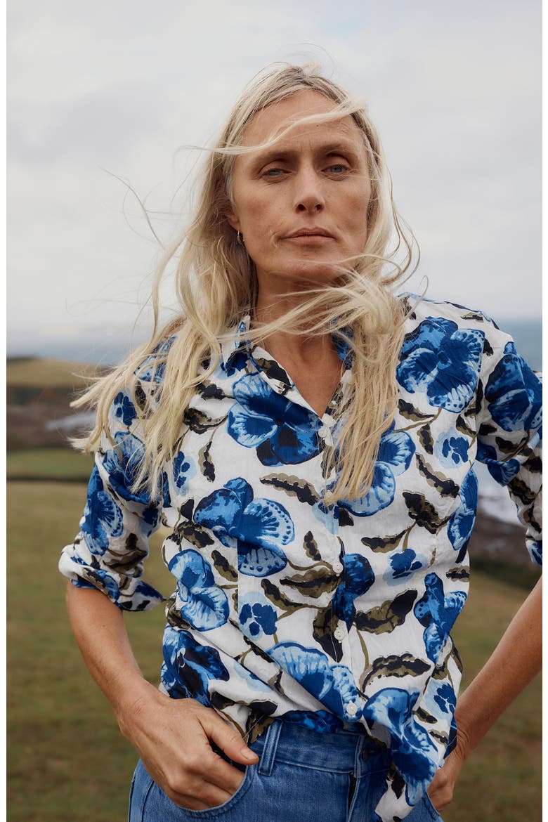 Larissa Crinkled Floral Organic Cotton Button-Up Shirt, Alternate, color, SPRING PANSY CHALK