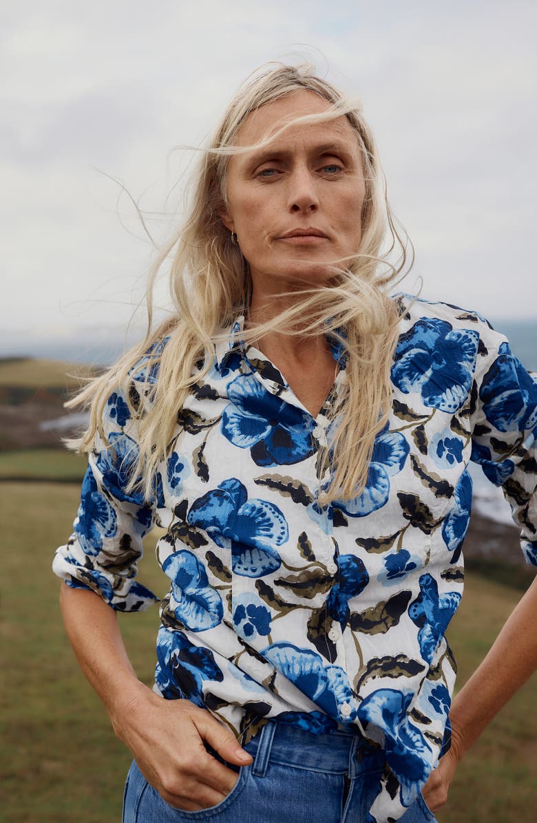 Seasalt Cornwall Larissa Crinkled Floral Organic Cotton Button-Up Shirt, Alternate, color, Spring Pansy Chalk