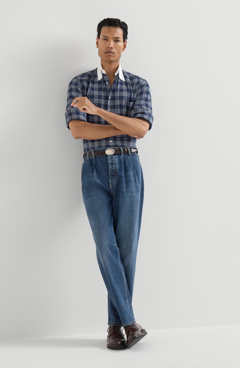 Brunello Cucinelli Comfort cotton denim iconic fit five-pocket trousers with double pleats, Alternate, color, Medium Denim