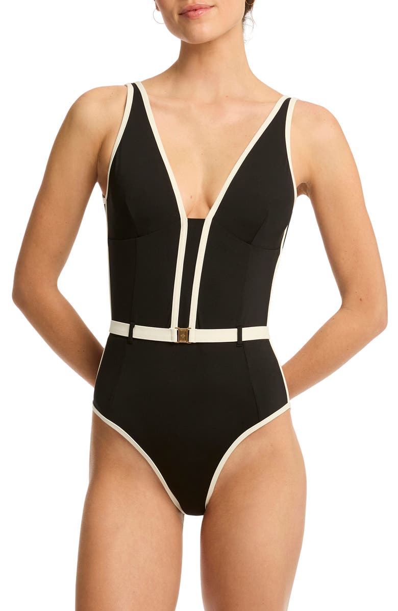 Sea Level Bound Belted One-Piece Swimsuit, Main, color, 