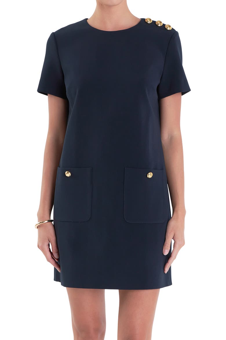 Golden Button Shift Minidress, Alternate, color, NAVY