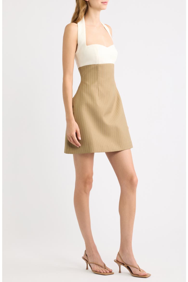 Pinstripe Halter Minidress, Alternate, color, CAMEL