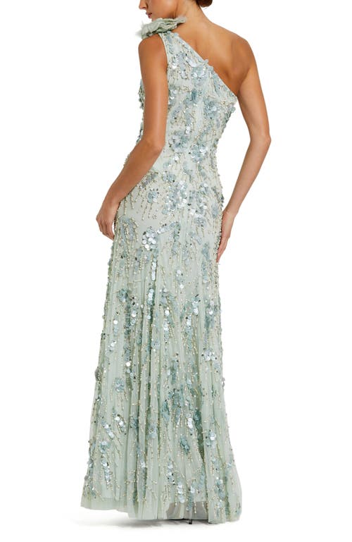 Mac Duggal Beaded Mesh One Shoulder Trumpet Gown With Flower In Sage