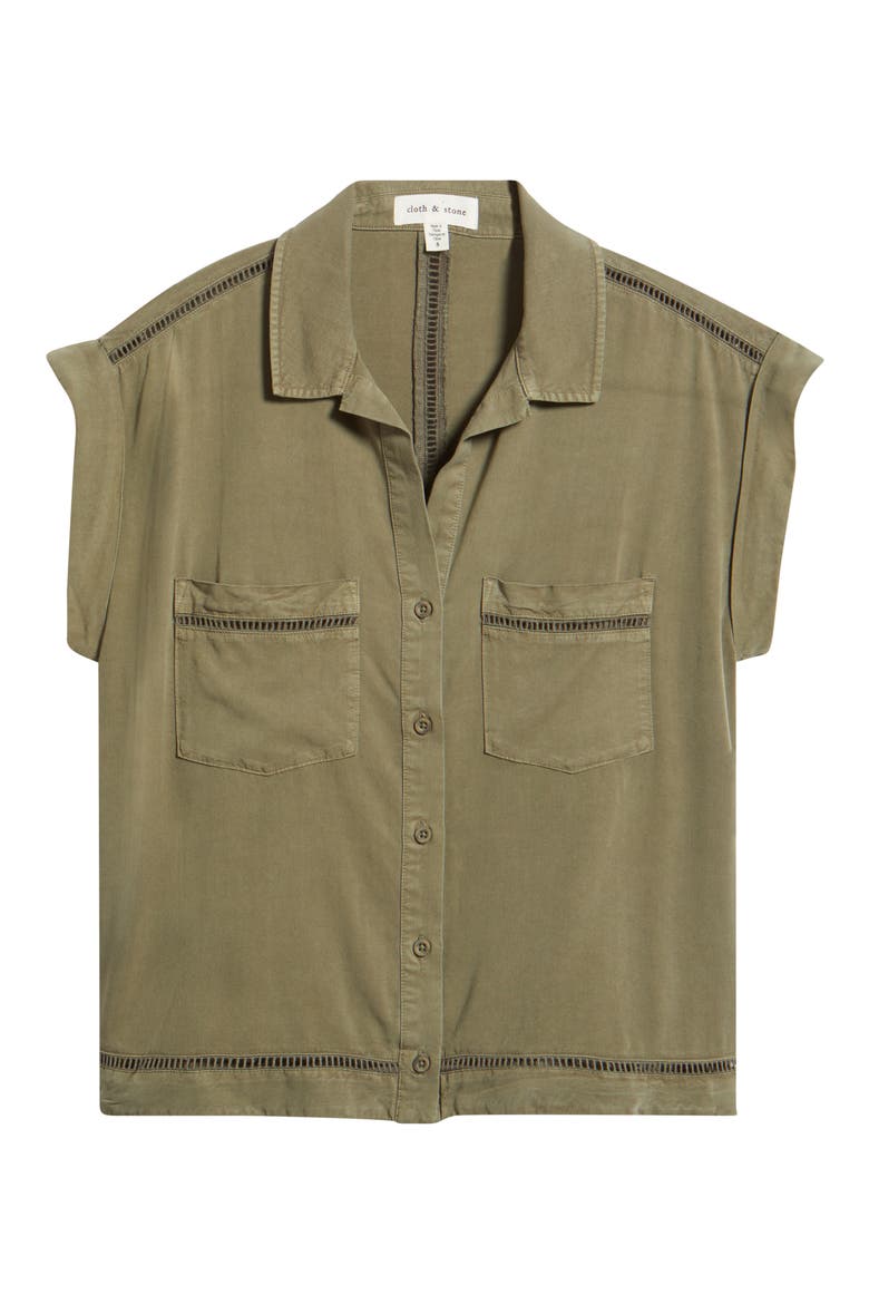 Openwork Detail Short Sleeve Button-Up Shirt, Alternate, color, LAKESIDE PINE