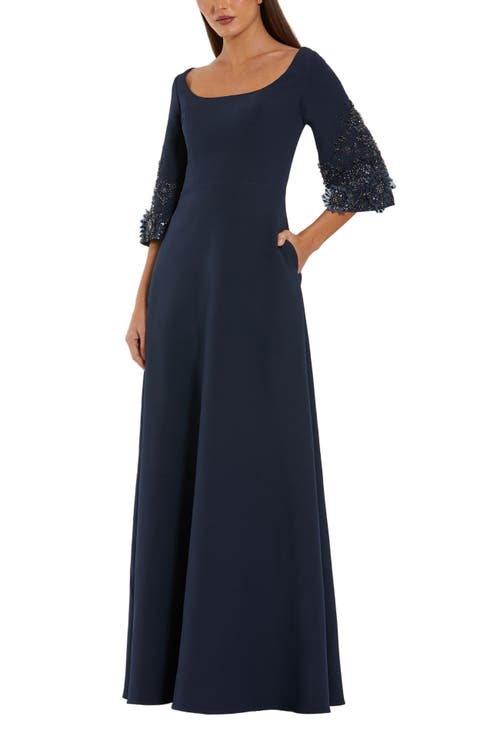 Mac Duggal Navy Crepe Gown With Floral Embellished Sleeves In Blue