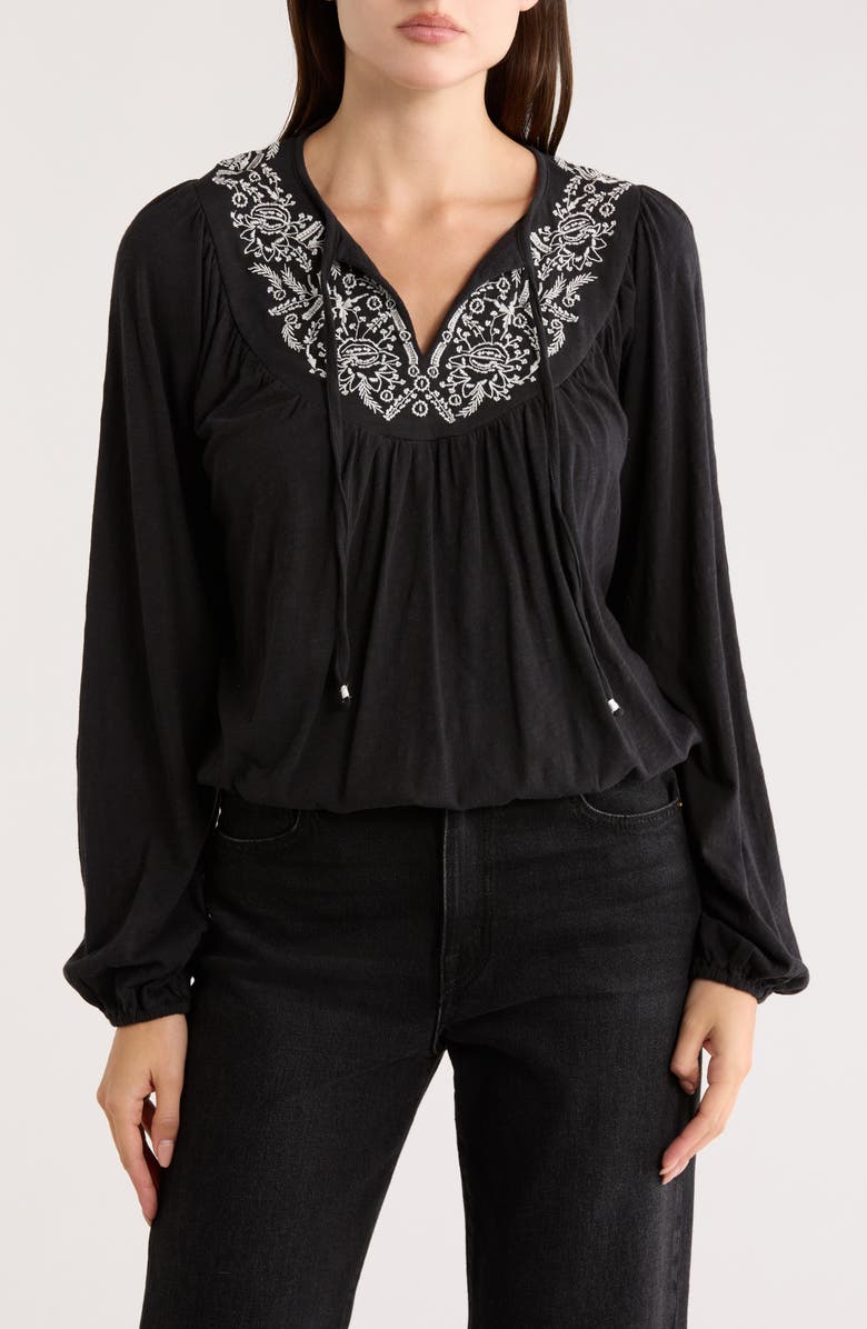 Lucky Brand Tie Neck Bubble Hem Top, Main, color, Caviar