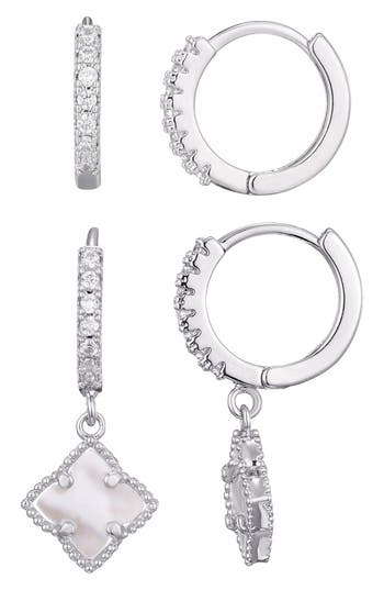 Adornia Silver Plated Halo White Mother Of Pearl Clover Cz Huggie Set In Metallic