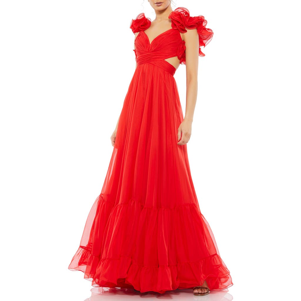 Mac Duggal Rosette Chiffon Cutout Empire Waist Gown In Red