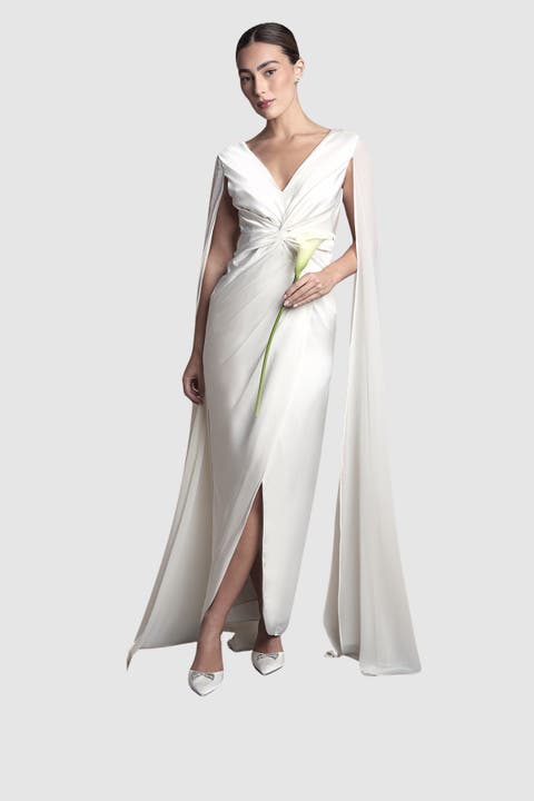 Cape Sleeve Satin Maxi Dress