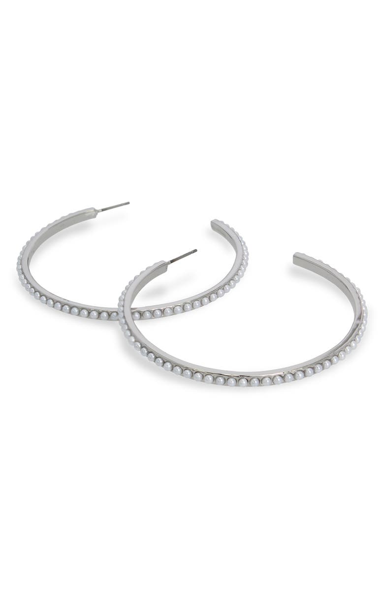 AllSaints Faux Pearl Hoop Earrings, Alternate, color, Rhodium