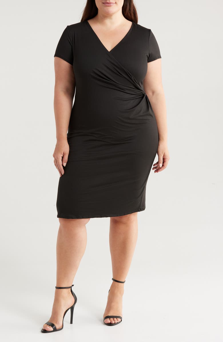 24seven Comfort Apparel V-Neck Stretch Faux Wrap Dress, Main, color, Black