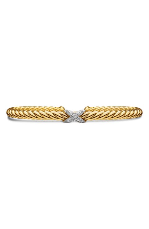 X Cablespira® Station Bracelet in 18K Yellow Gold with Pavé Diamonds, 4mm