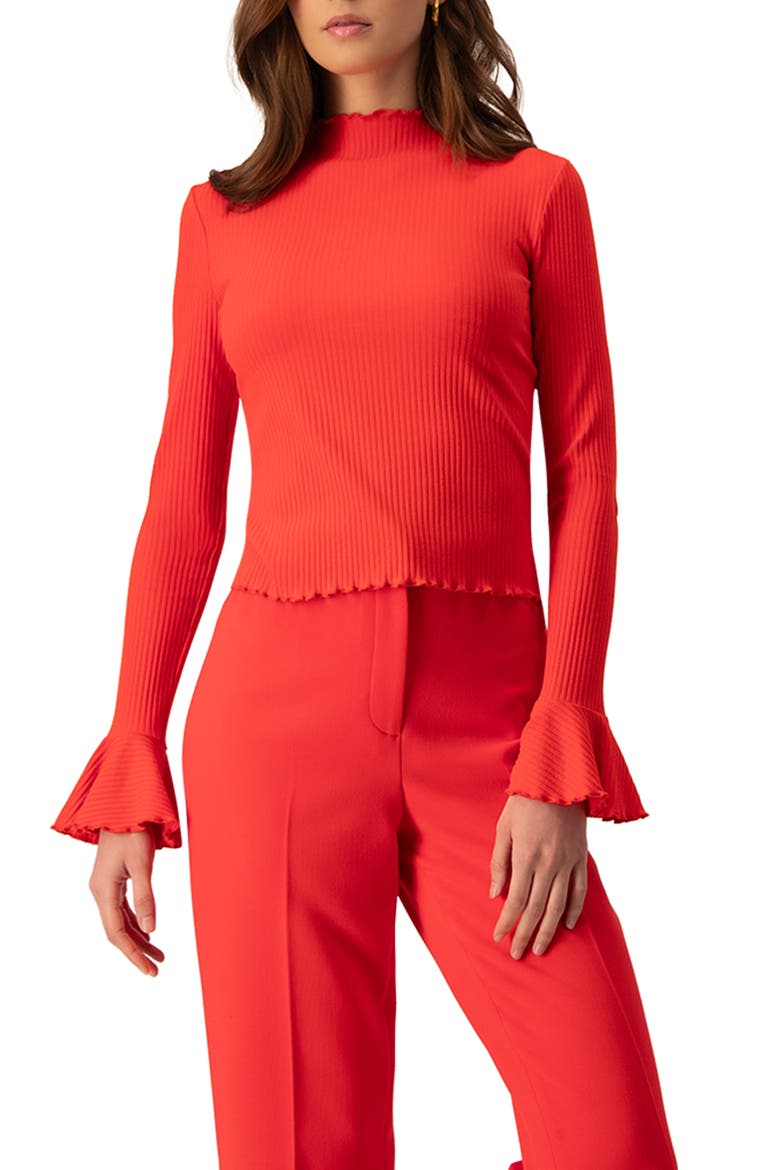 Ribbed Long-Sleeve Top with Flared Cuffs, Main, color, Red